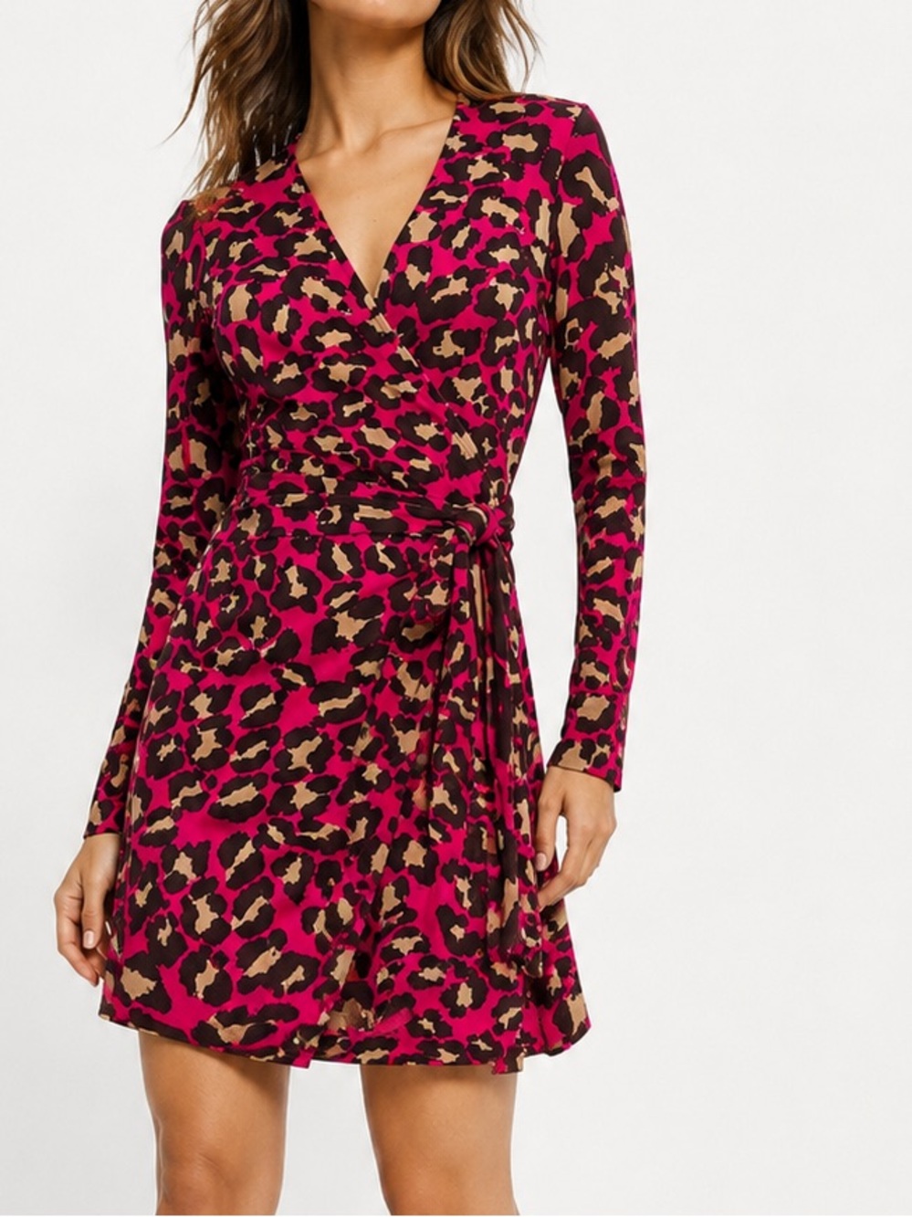 DVF Diane Von Furstenberg Pink & Brown Leopard Print Long Sleeve Wrap Dress
